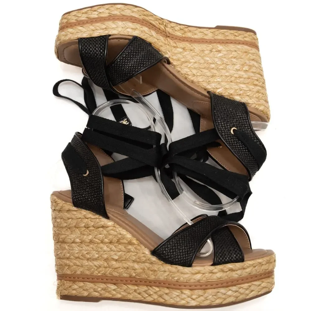 New Sam Edelman Black Strappy Vaughn Espadrille Wedge Sandals Size 10